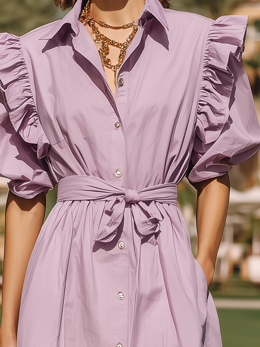 Purple Resort-style Cotton Shirt Collar Midi Dress