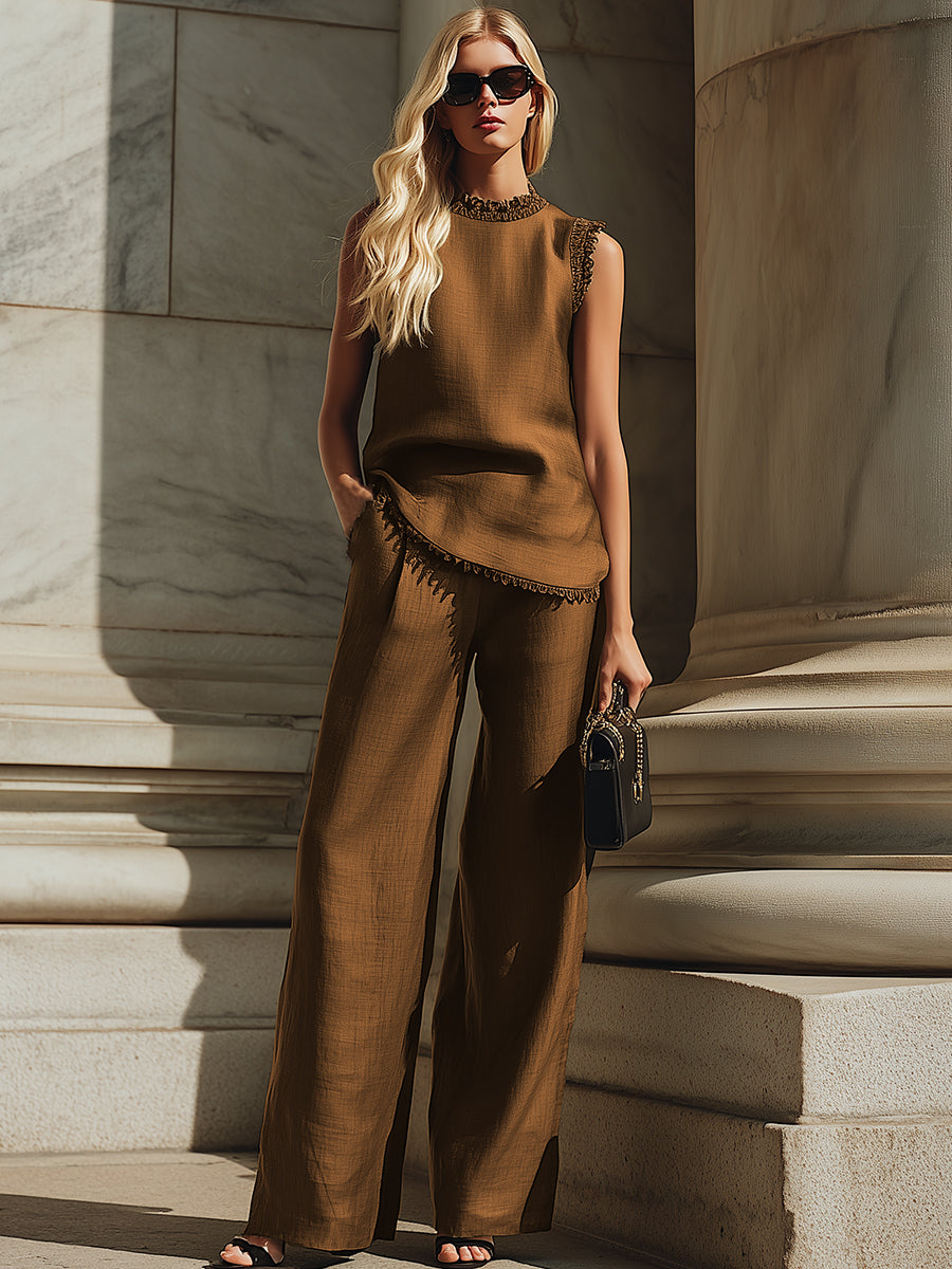 Exquisite Resort-style Brown Cotton-linen Lace-trimmed Sleeveless Top And Wide-leg Pants Set