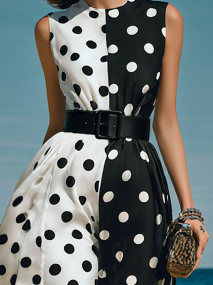 Round-neck Sleeveless Polka-dot Maxi Dress