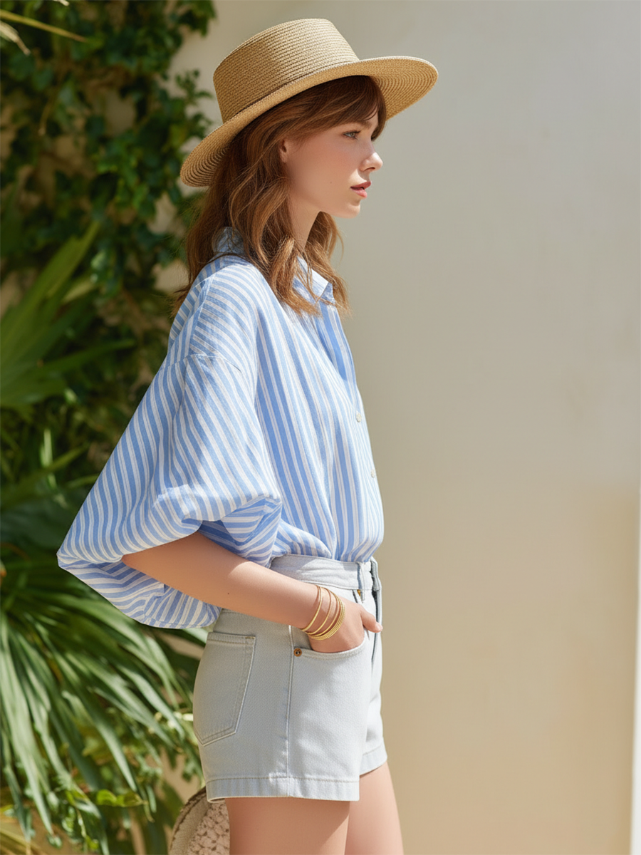 Resort-style Blue And White Striped Short-sleeved Shirt