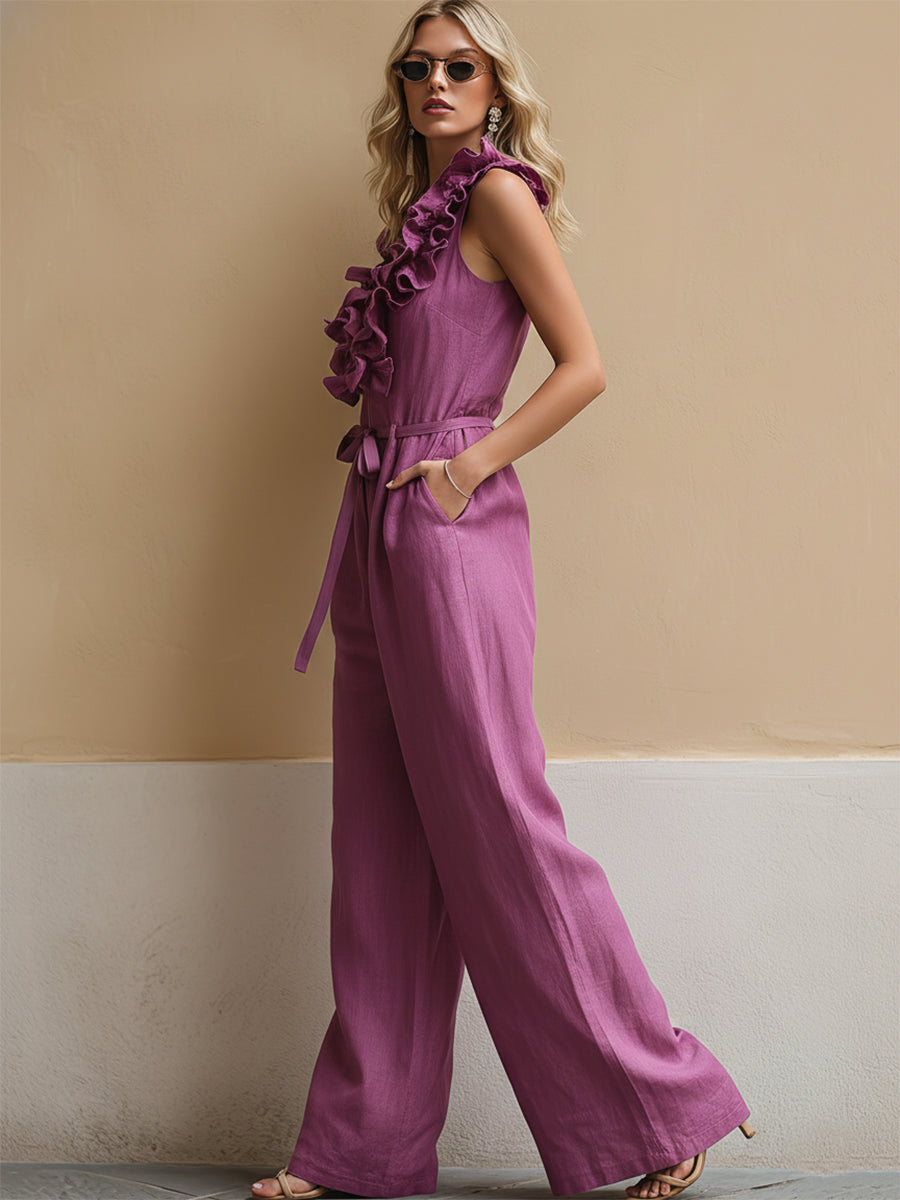 Casual Vacation Purple Cotton Linen Ruffled V-Neck Zipper Sleeveless Jumpsuit