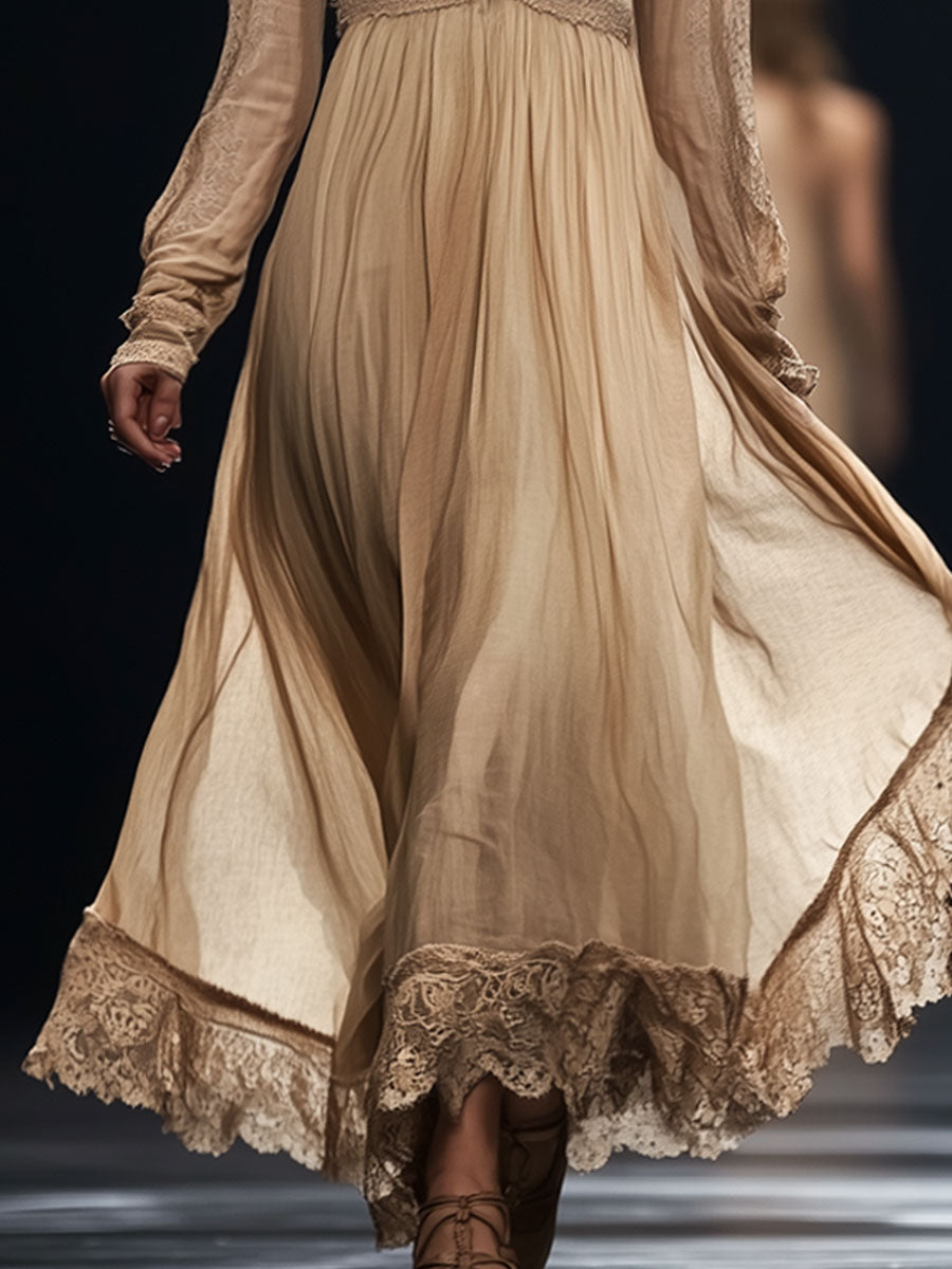 Elegant And Romantic Champagne Chiffon Lace Long-Sleeved Maxi Dress