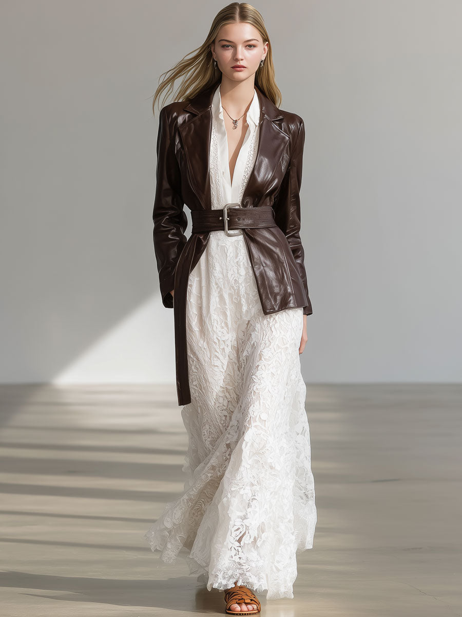 Vintage Brown Faux Leather Lace-Up Blazer