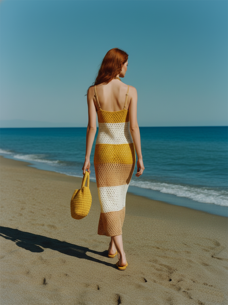 Vacation-style Knitted Strappy Maxi Dress
