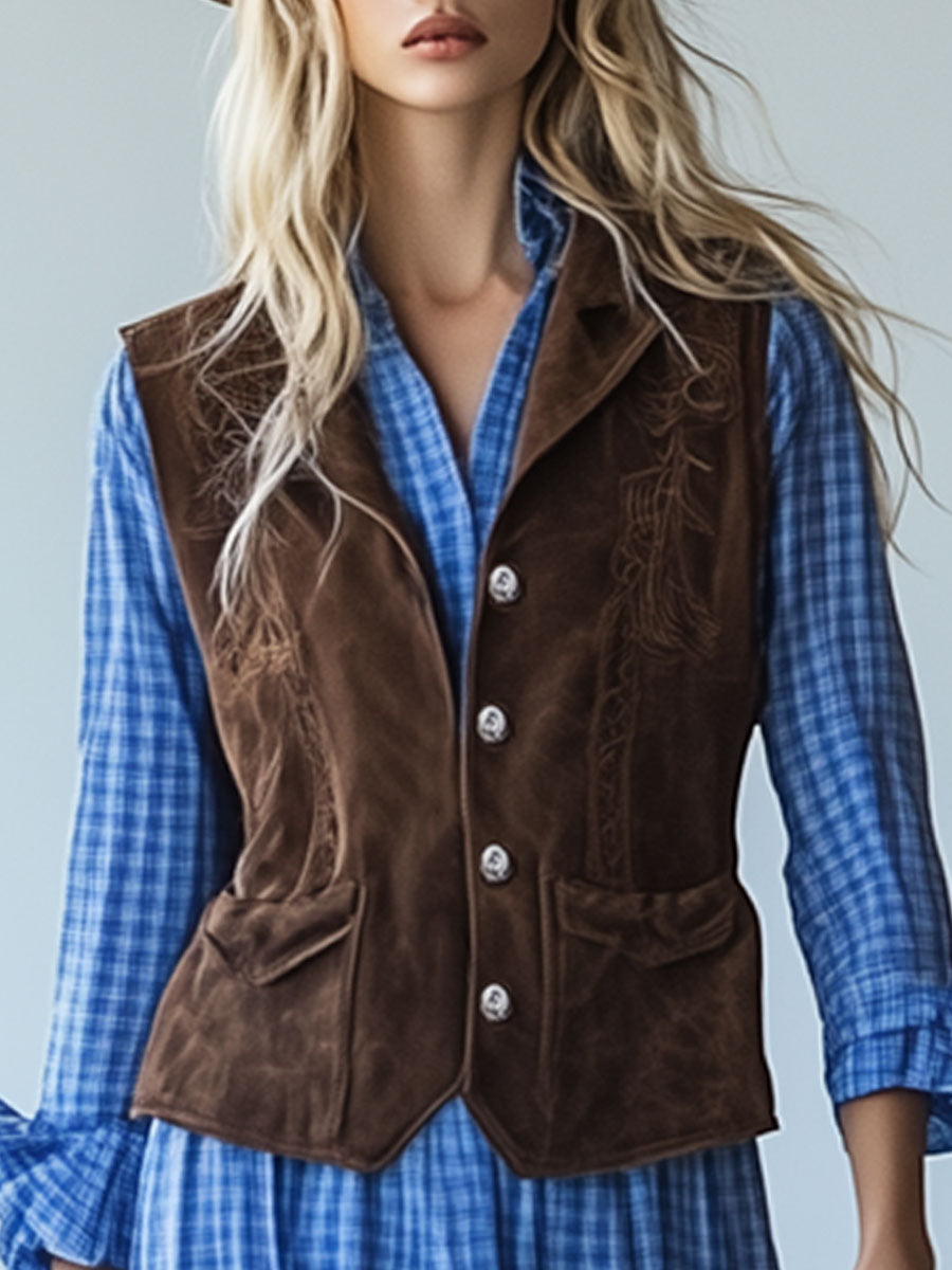 Vintage Cocoa Brown Suede Embroidered Pocket Vest