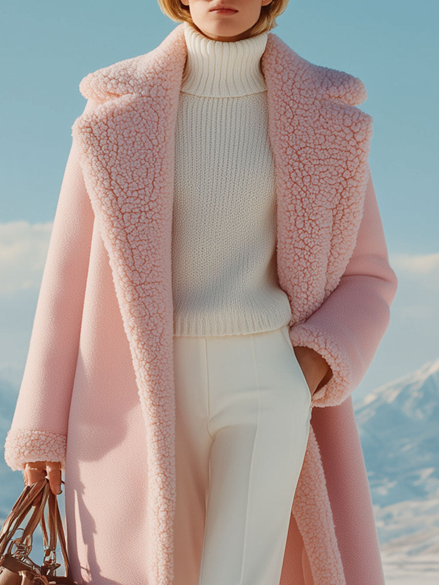 Loose Retro Fur Collar Pink Woolen Coat