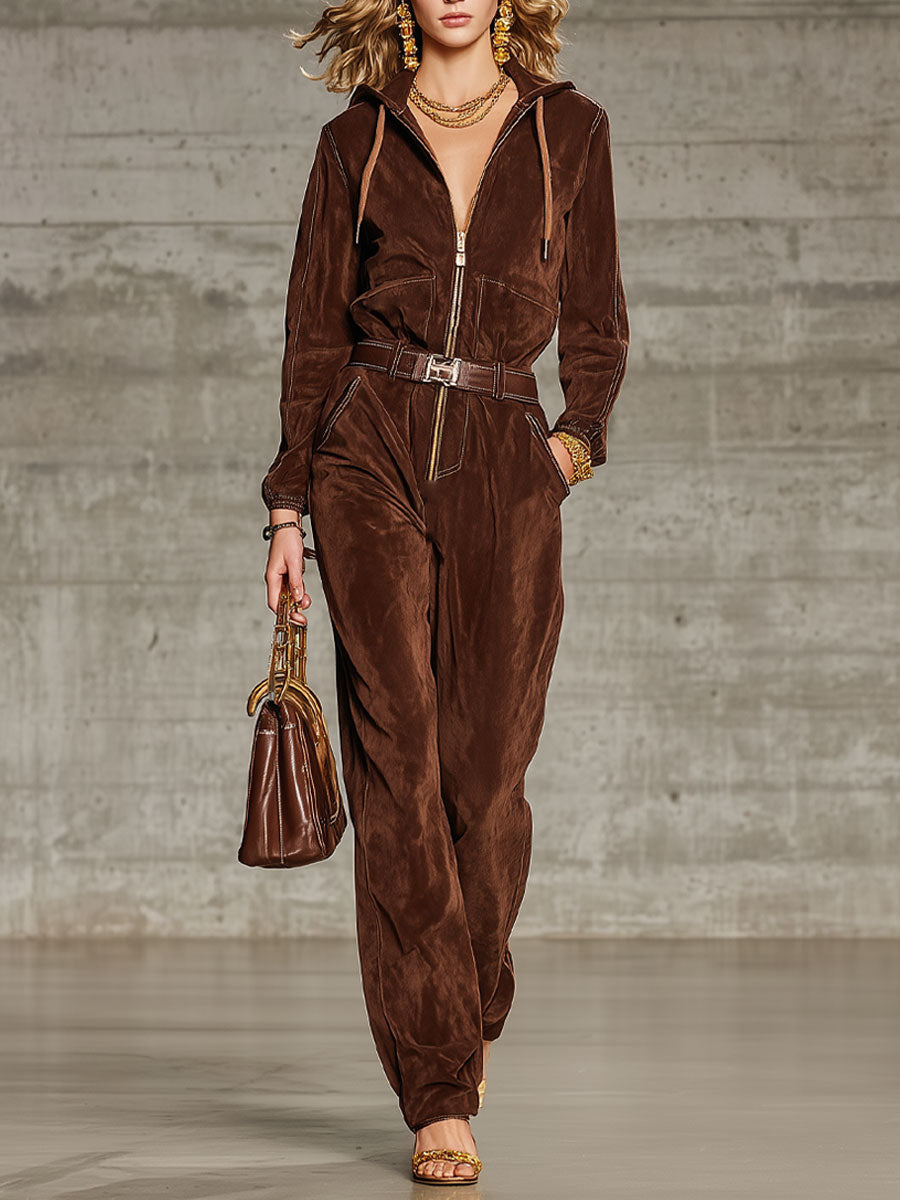 Fashionable And Casual Cocoa Brown Faux Suede Long-Sleeved Hooded Waisted Jumpsuit