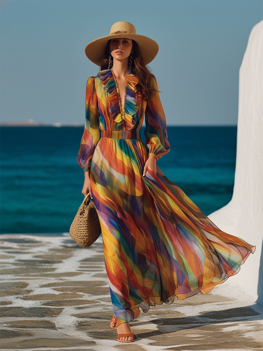 Romantic Vacation Style Rainbow Print V-neck Ruffled Chiffon Maxi Dress