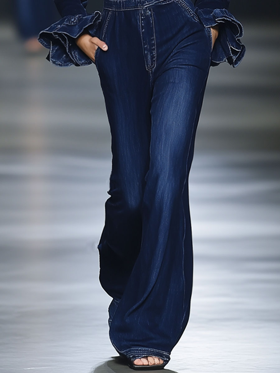 Fashion Retro Dark Blue Washed Denim Ruffled Long-Sleeved Jumpsuit