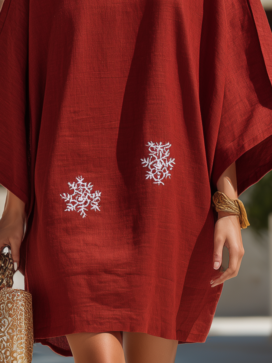 Bohemian Style Red Stand-collar Embroidered Mini Dress