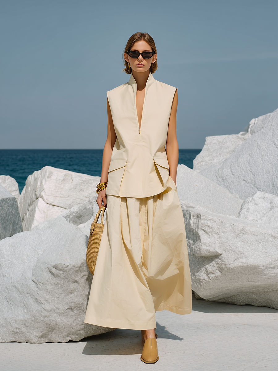 Stylish Classic Accordion Pocket Sleeveless Top And Skirt Set