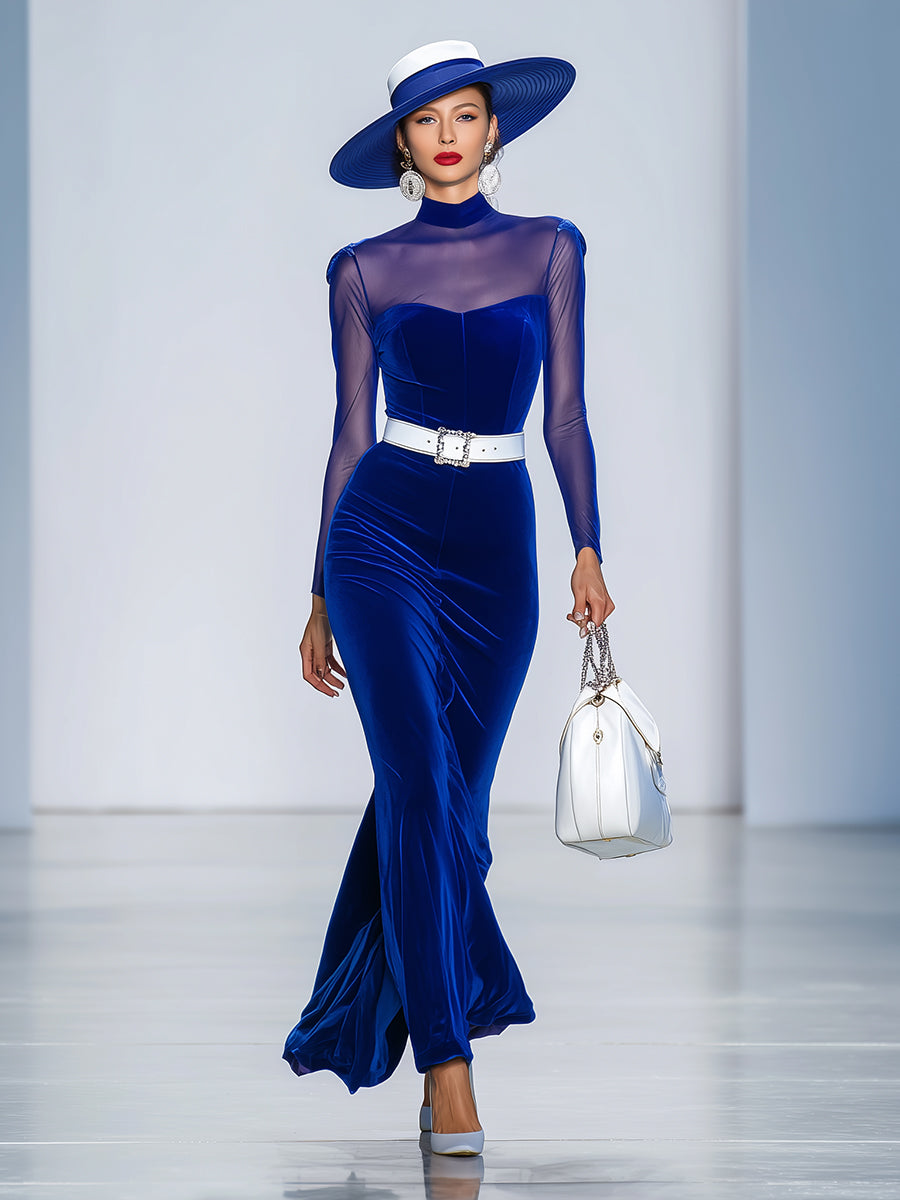 Elegant Blue Velvet Splicing Mesh Round Neck Maxi Dress