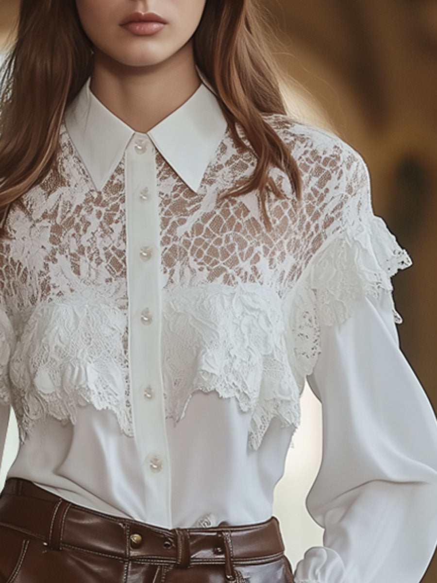 Retro Elegant White Chiffon Lace Long Sleeve Shirt