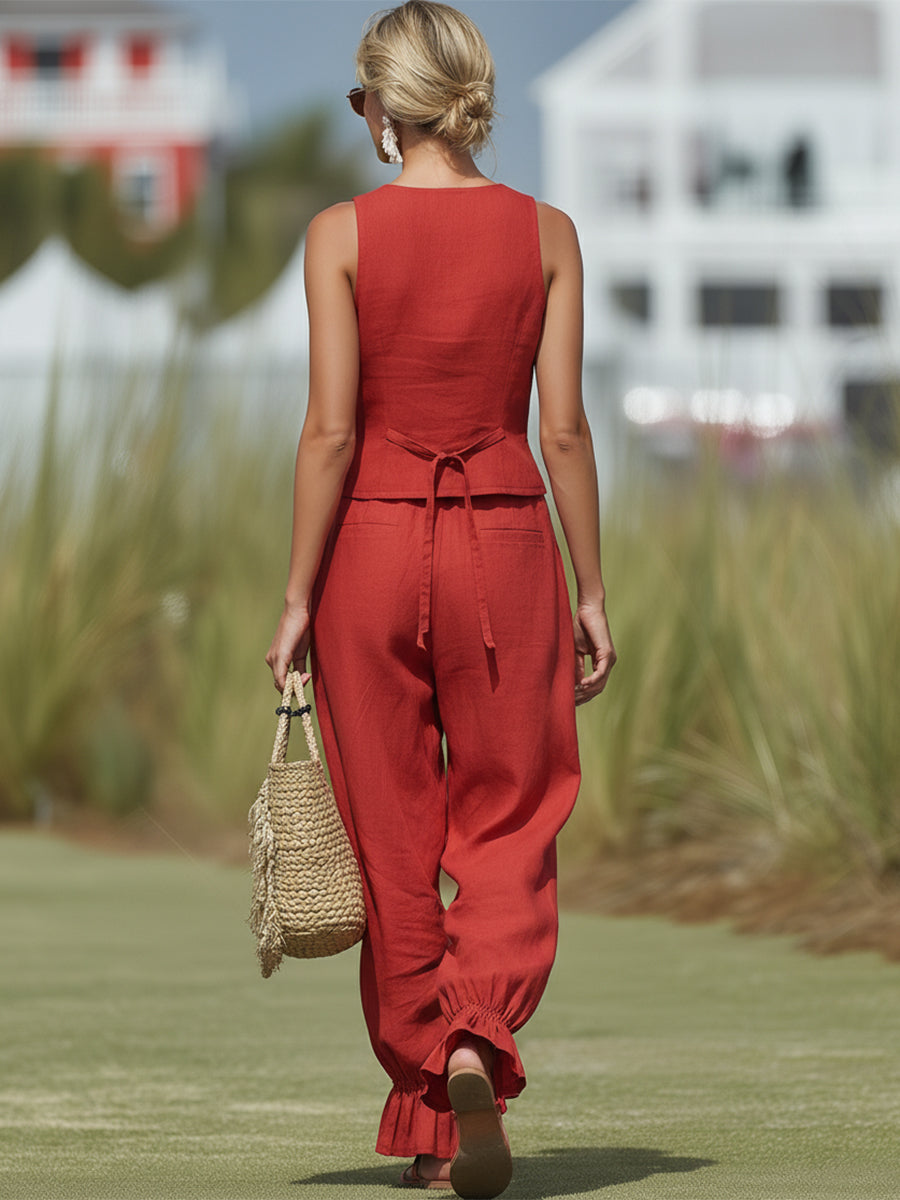 Fashionable Vacation Style Red Cotton Linen White Button Vest Ruffled Lantern Pants Set