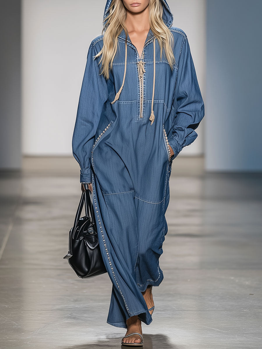 Vintage Blue Denim Long Sleeve Hooded Zipper Maxi Dress
