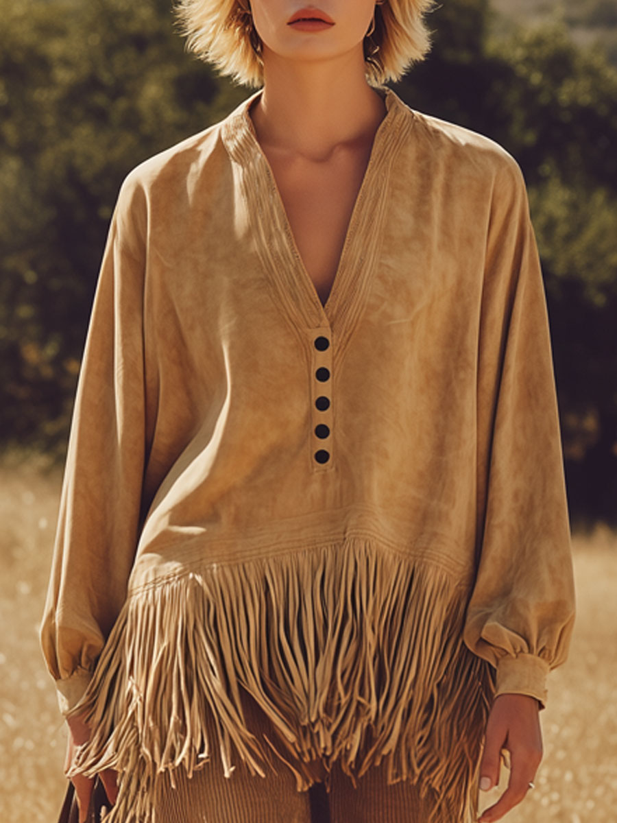 Vintage Long-Sleeved Camel Suede V-Neck Tassel Shirt