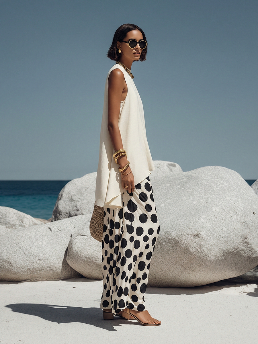 Vacation-style Tencel Top And Polka-dot Chiffon Wide-leg Pants Set