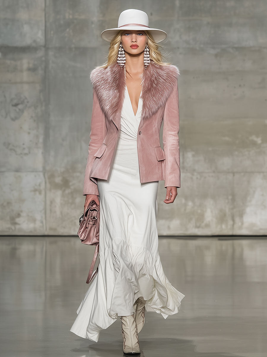 Fashion Retro Pink Suede Fur Collar Coat