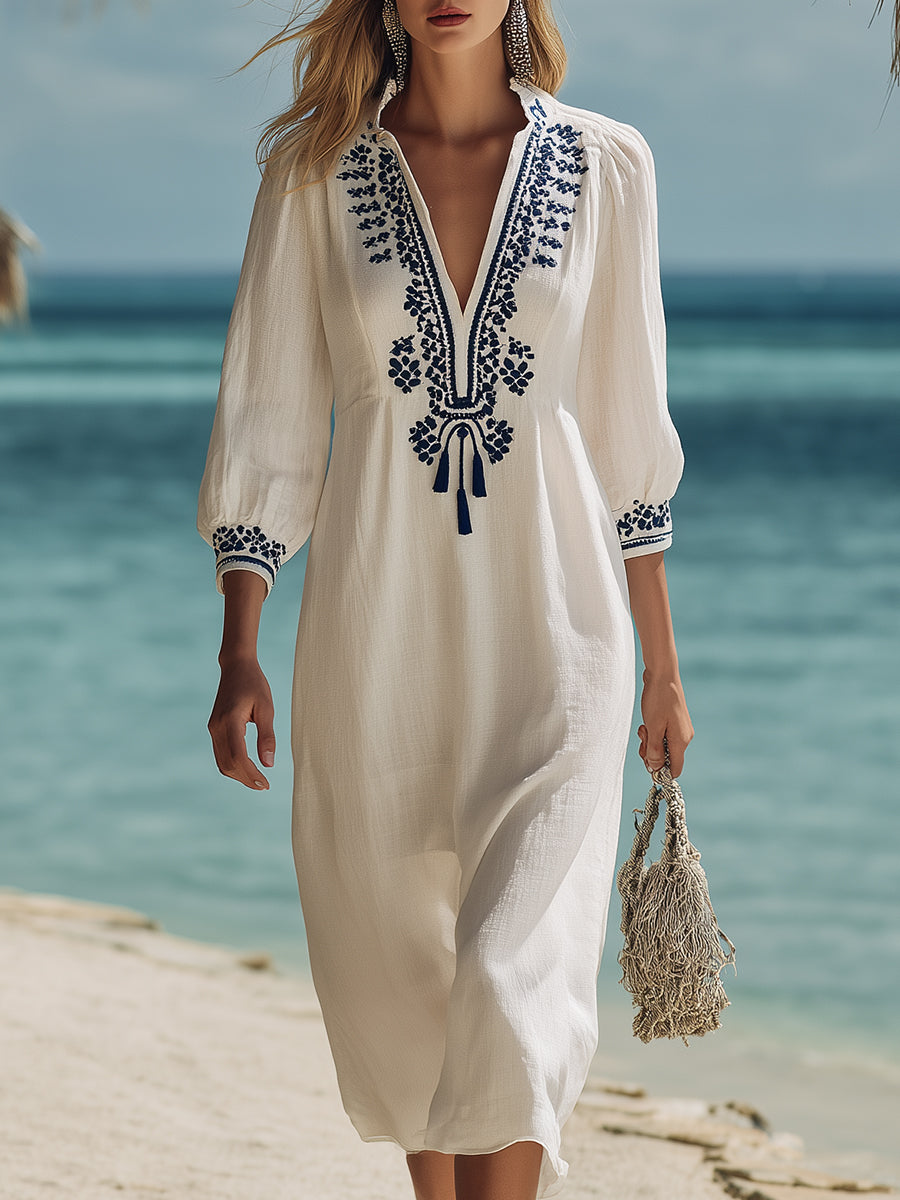 Resort-style Ethnic-style Blue Embroidered Off-white Cotton And Linen Midi Dress