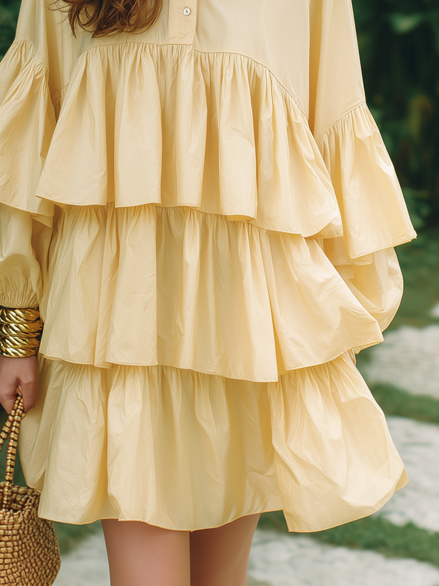 Romantic Vacation Style Ruffled Hem Yellow Cotton Long-sleeved Mini Dress