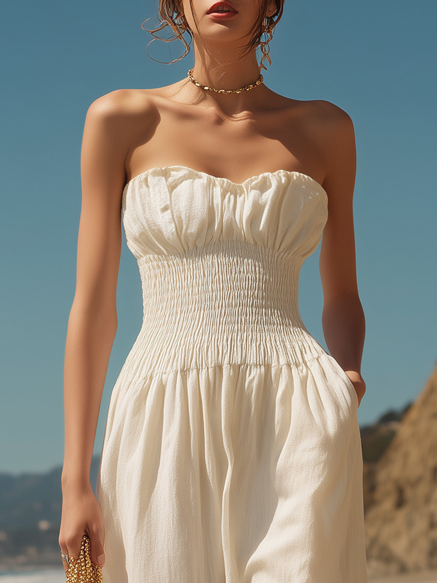 Casual Vacation Off-White Cotton Linen Sleeveless Loose Jumpsuit