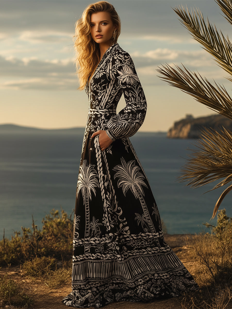 Tropical Bohemian Black And White Palm Print Satin V-Neck Maxi Dress