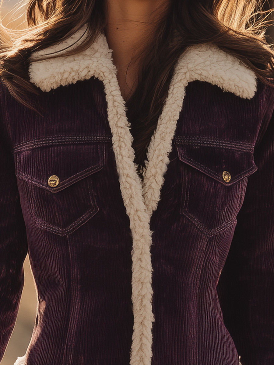 Western Purple Corduroy With Sherpa Lining Jacket