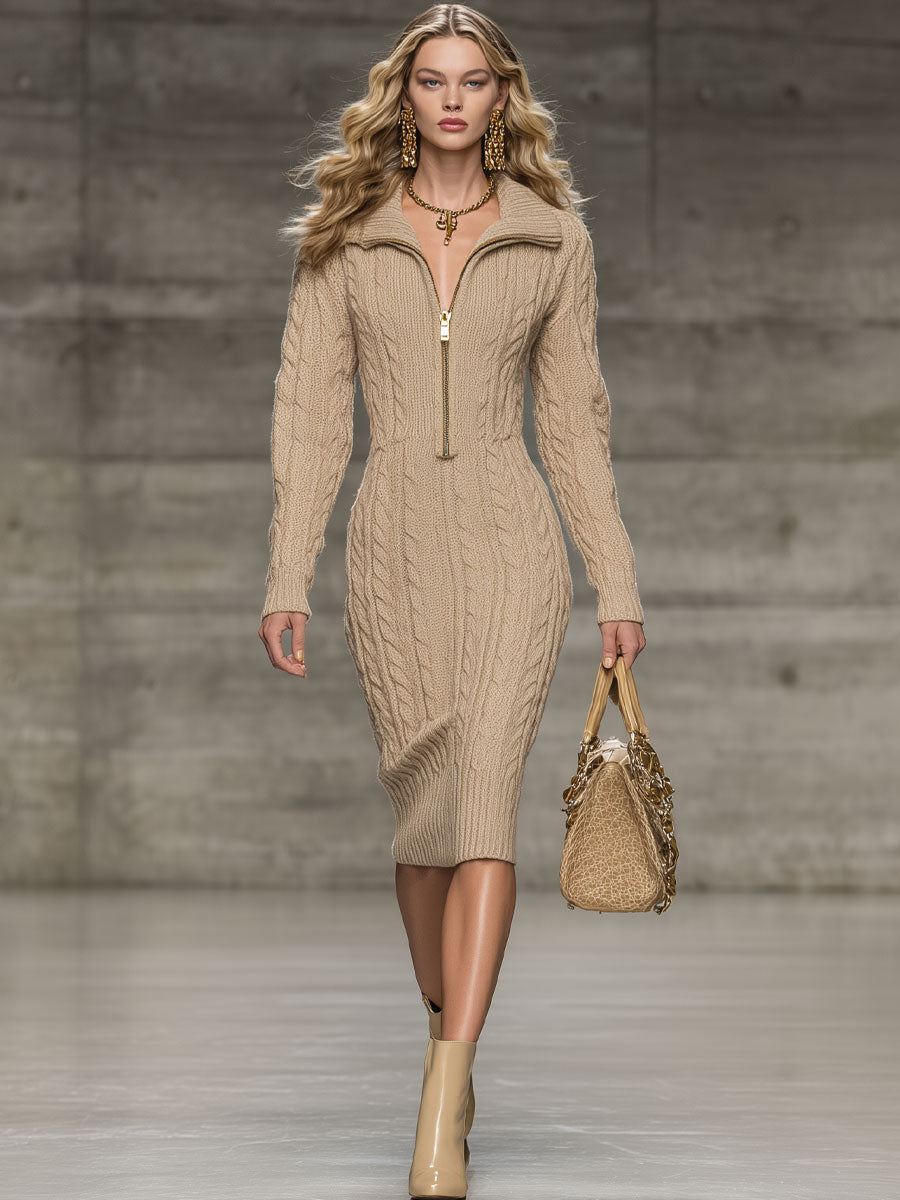Fashionable And Casual Camel-Colored Cable-Knit Lapel Long-Sleeved Midi Dress