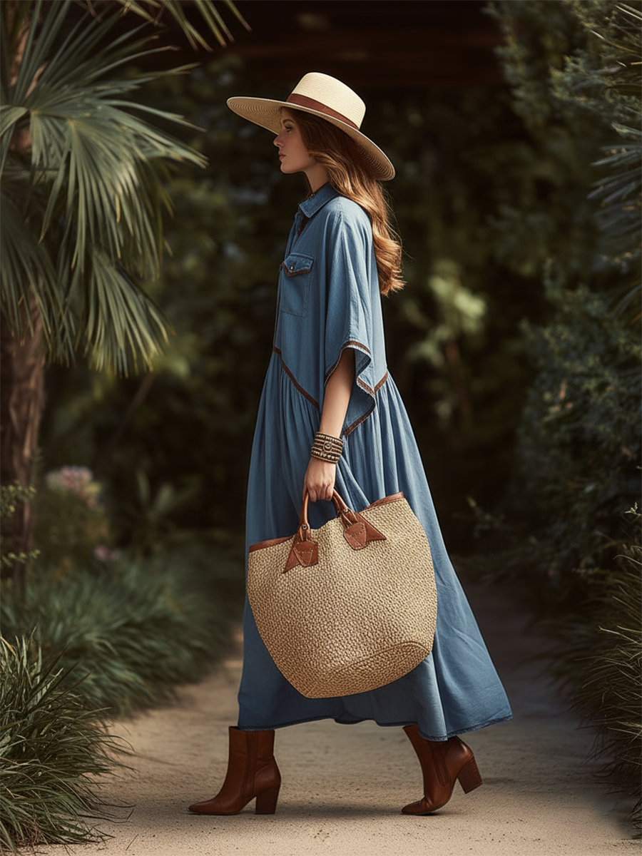 Casual Vacation Brown Woven Strap Short-sleeved Denim Maxi Dress
