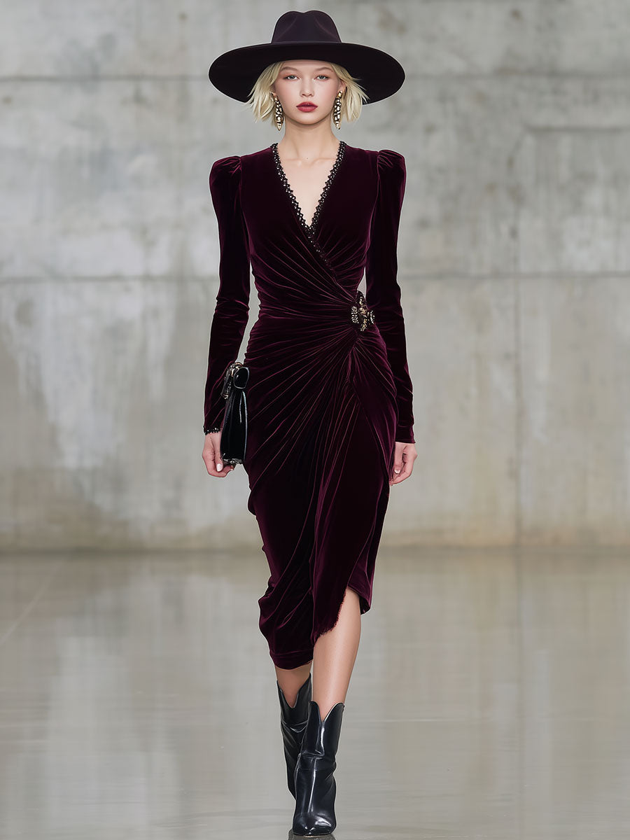 Vintage Burgundy V-Neck Velvet Long-Sleeved Midi Dress