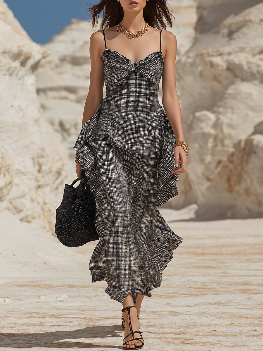 Vacation-style Thin-strapped Ruffled Gray Checkered Maxi Dress