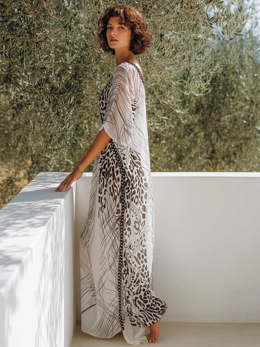 Simple And Stylish V-neck Printed Chiffon Maxi Dress