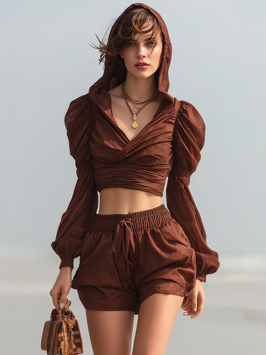 Vacation-style Chiffon V-neck Long-sleeved Top And Shorts Set