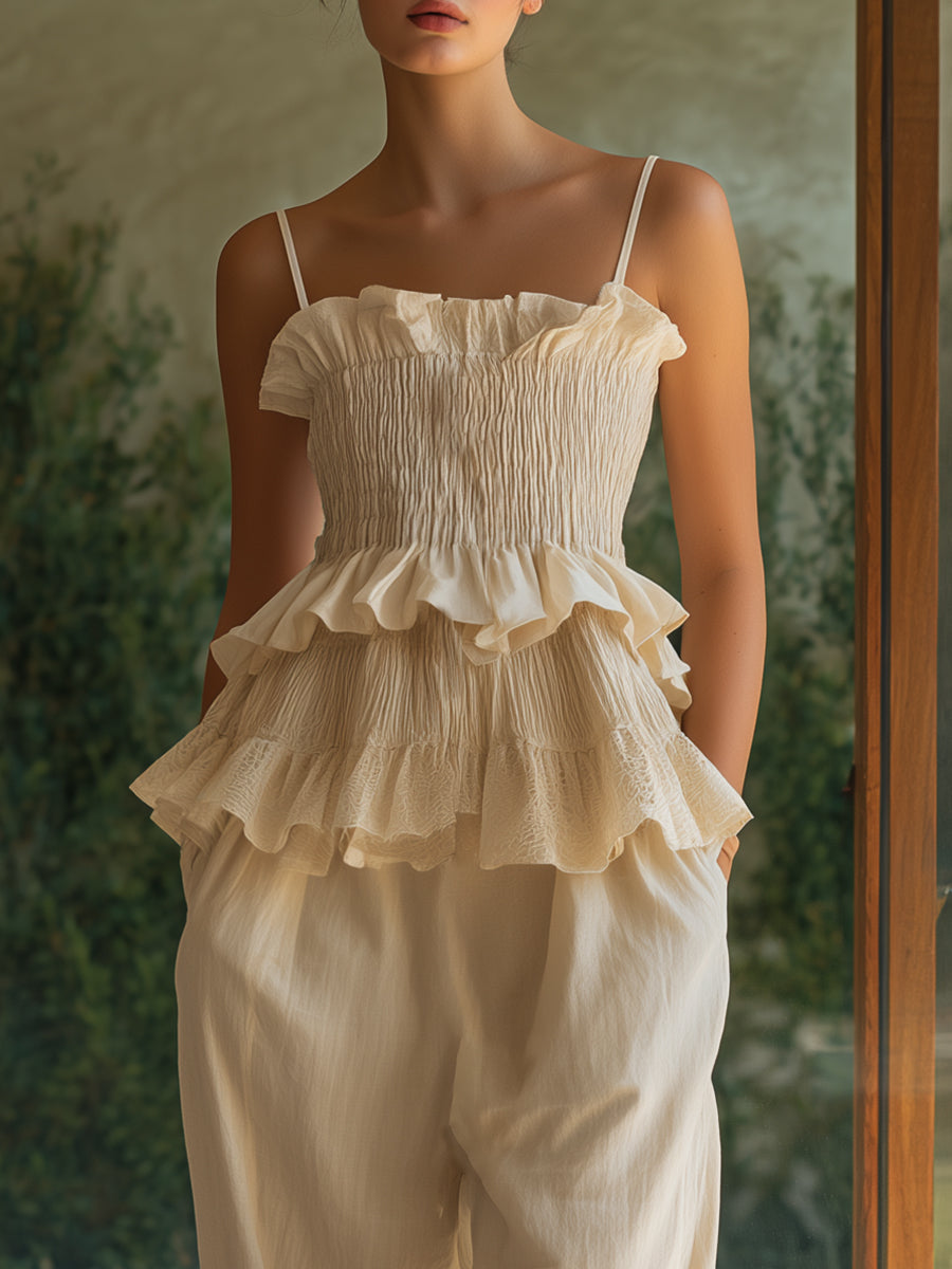 Italian Manor Off-White Cotton Linen Camisole Lace Harem Pants Set