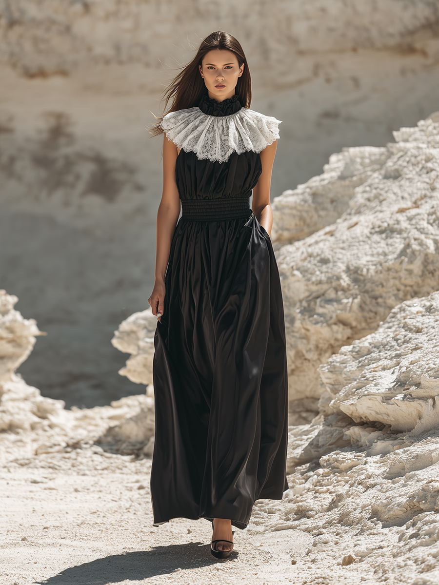 Elegant And Stylish White Lace-collared Black Satin Sleeveless Maxi Dress