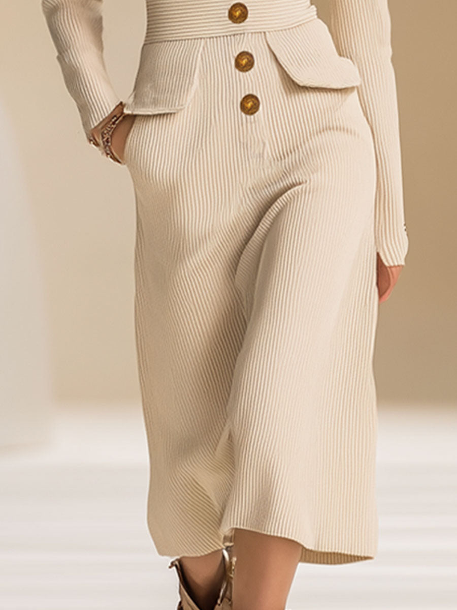 Fashionable And Casual Beige Knitted Ribbed Lapel Long-Sleeved Midi Dress