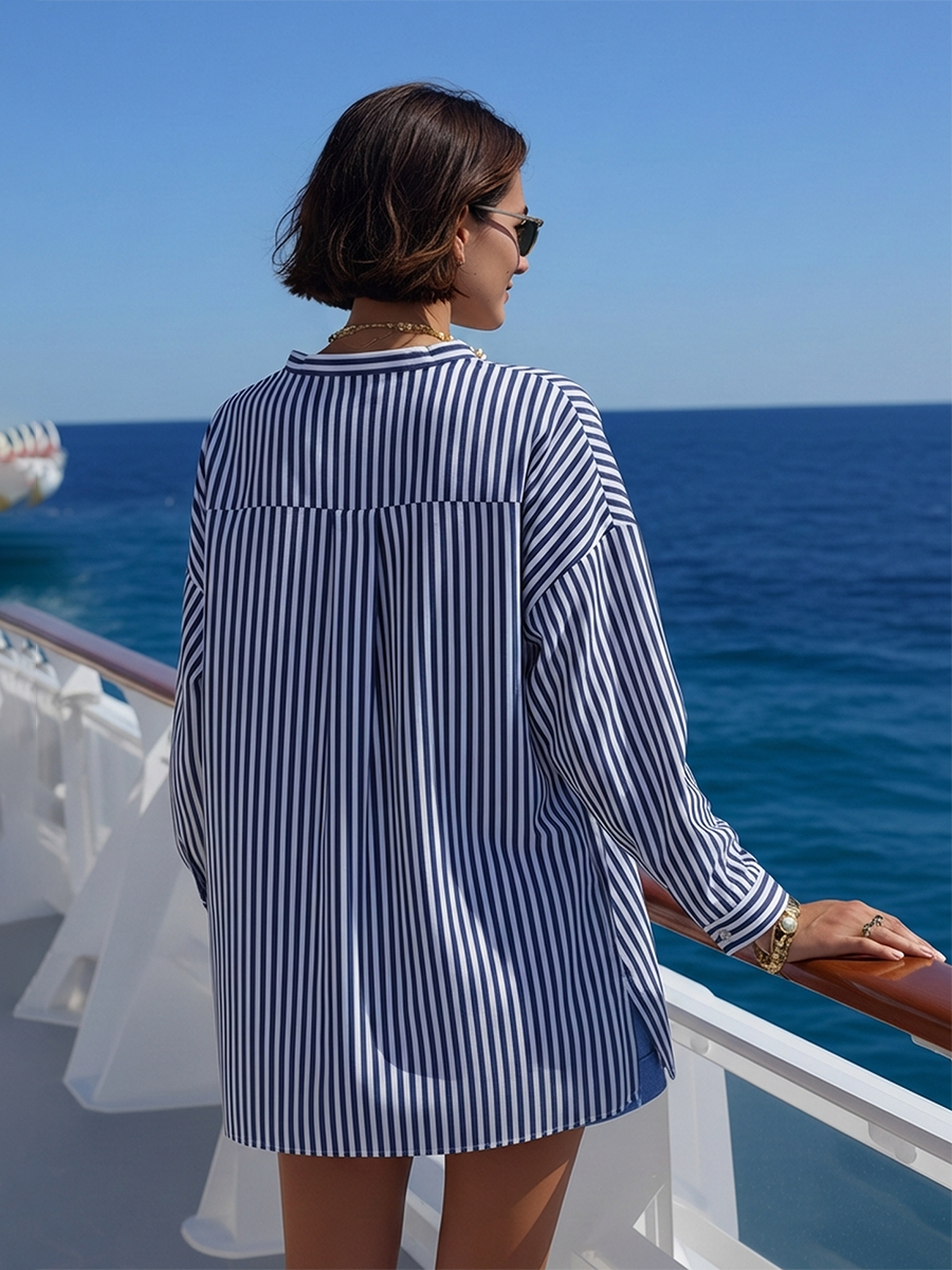Casual Beach Style Front Tie-up Blue And White Striped Shirt