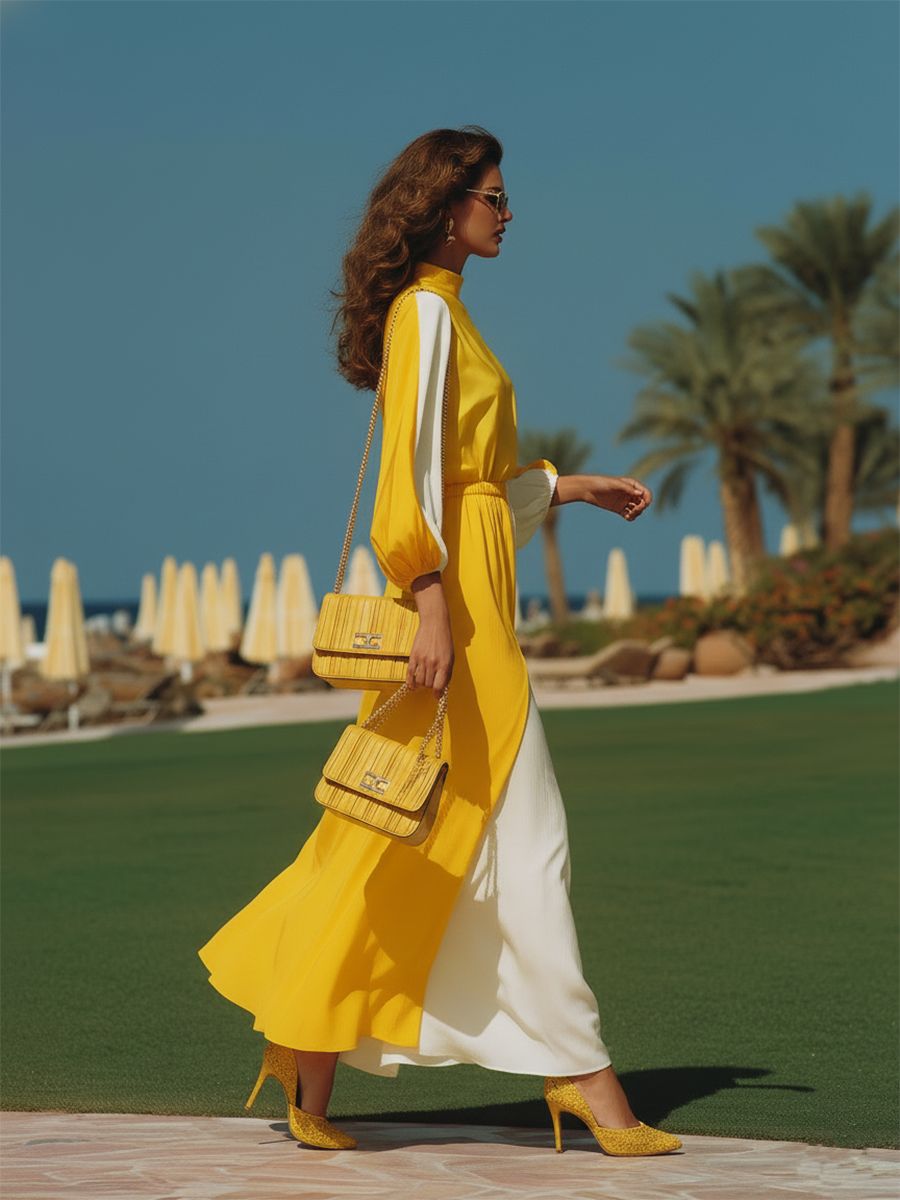 Vacation-style Chiffon Color-block Long-sleeved Maxi Dress