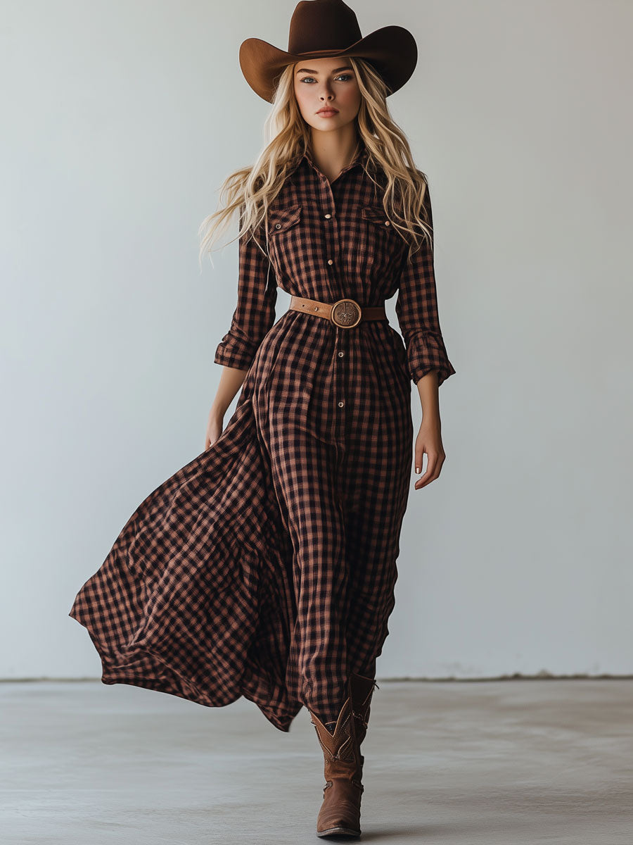 Casual Vintage Brown Plaid Long Sleeve Shirt-Style Tie Midi Dress