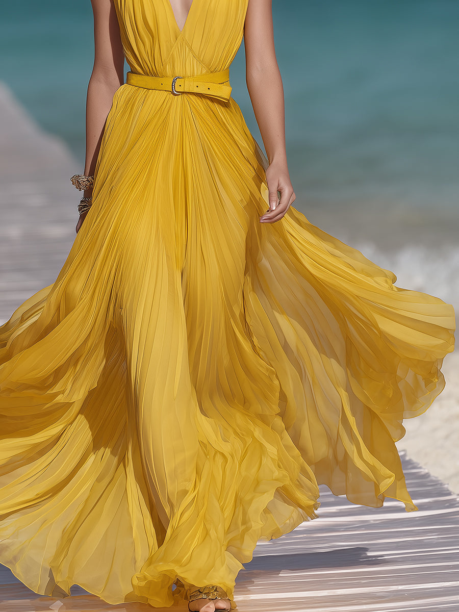High-end Resort Yellow Chiffon Pleated V-neck Fitted Maxi Dress