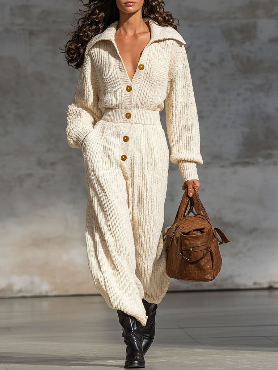 Lapel Single-breasted Knitted Jumpsuit