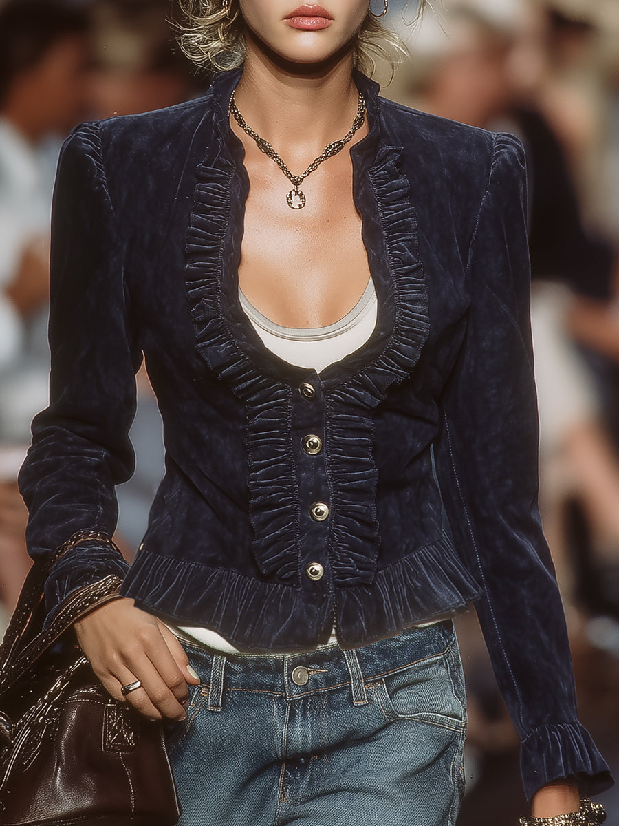 Fashion Retro Ruffle Button Dark Blue Faux Suede Jacket