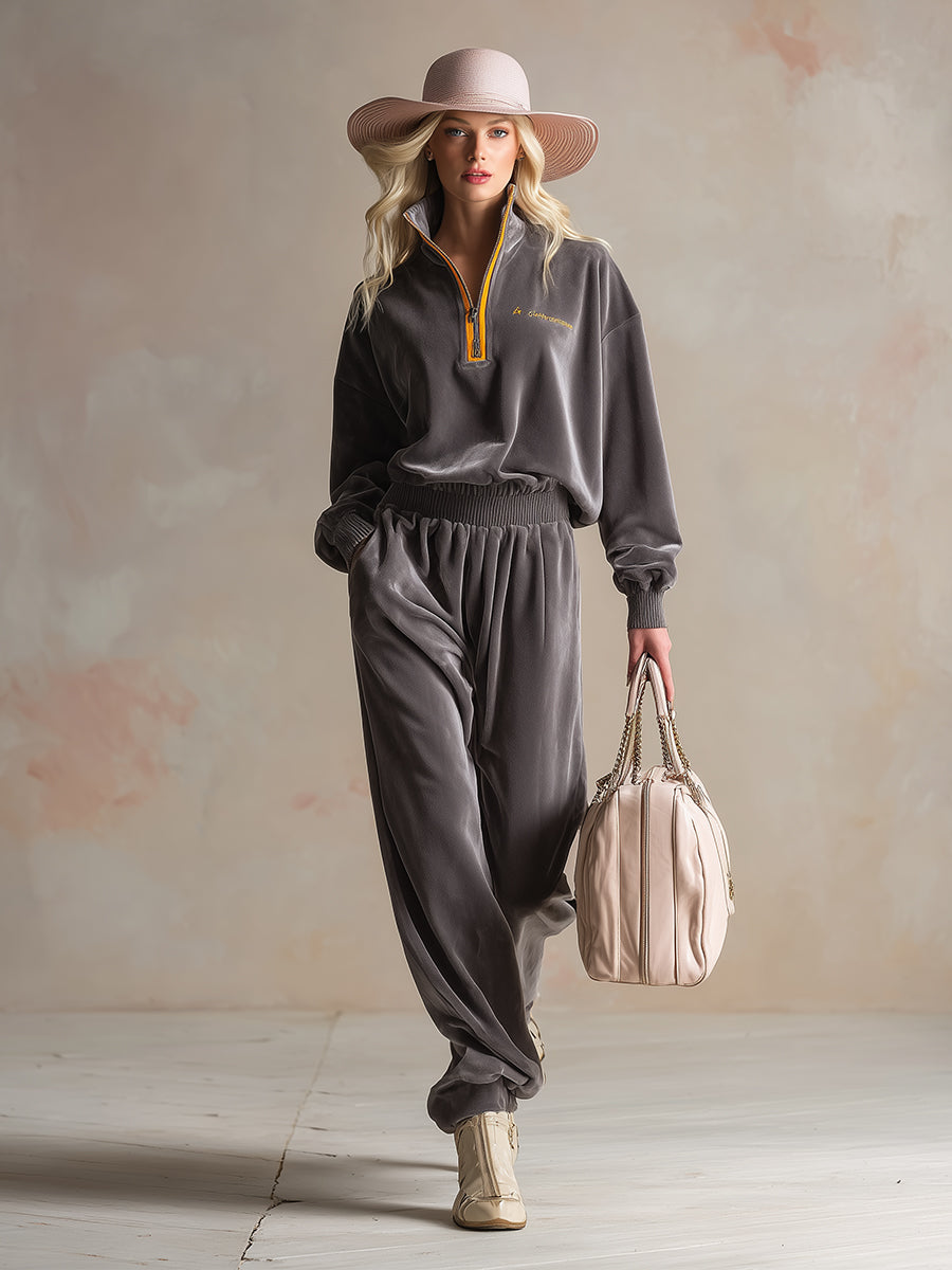 Casual Sports Dark Gray Velvet Sweatshirt And Trousers Set