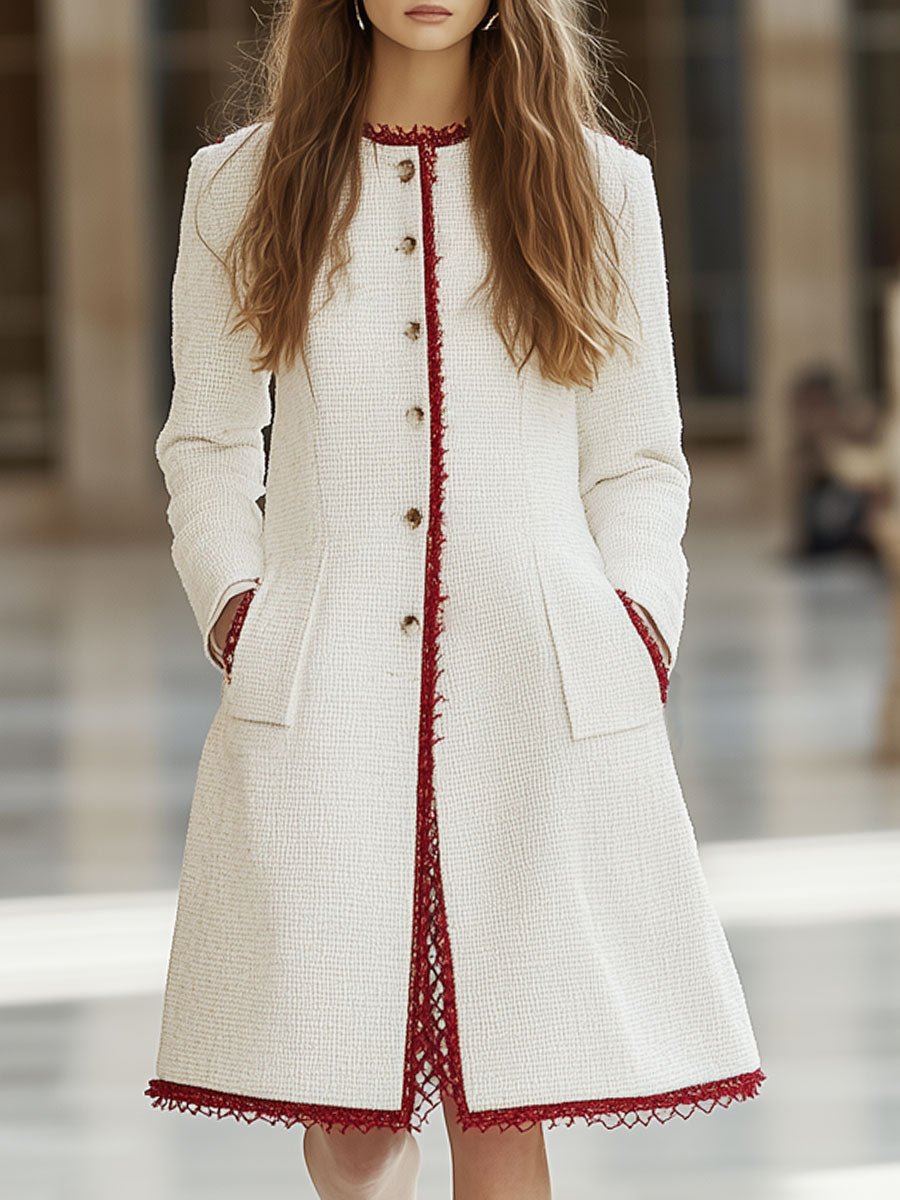 Vintage Elegant Red Trim White Tweed Round Neck Coat
