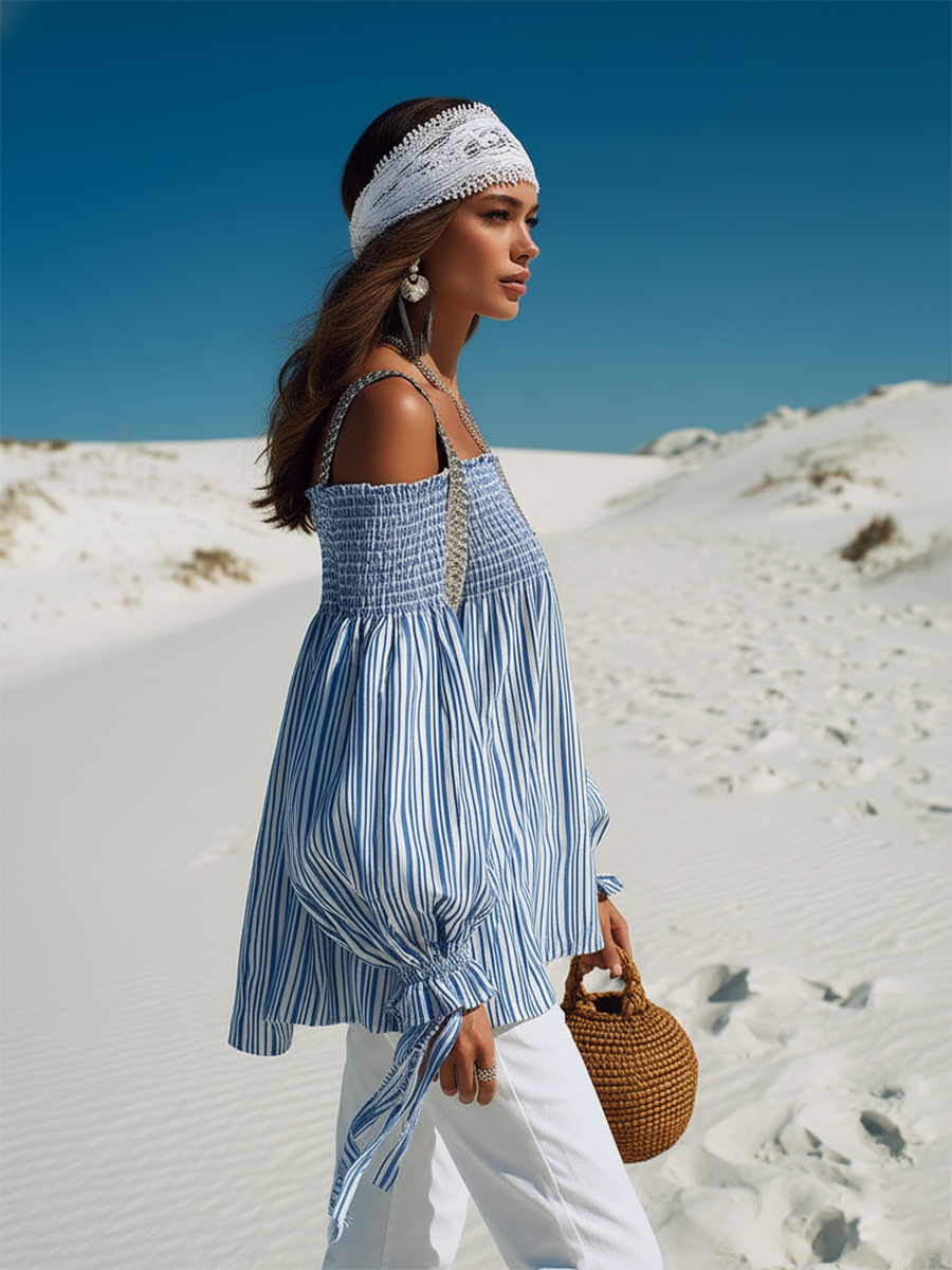 Vacation-inspired Silver-strapped Off-the-shoulder Blue And White Striped Shirt