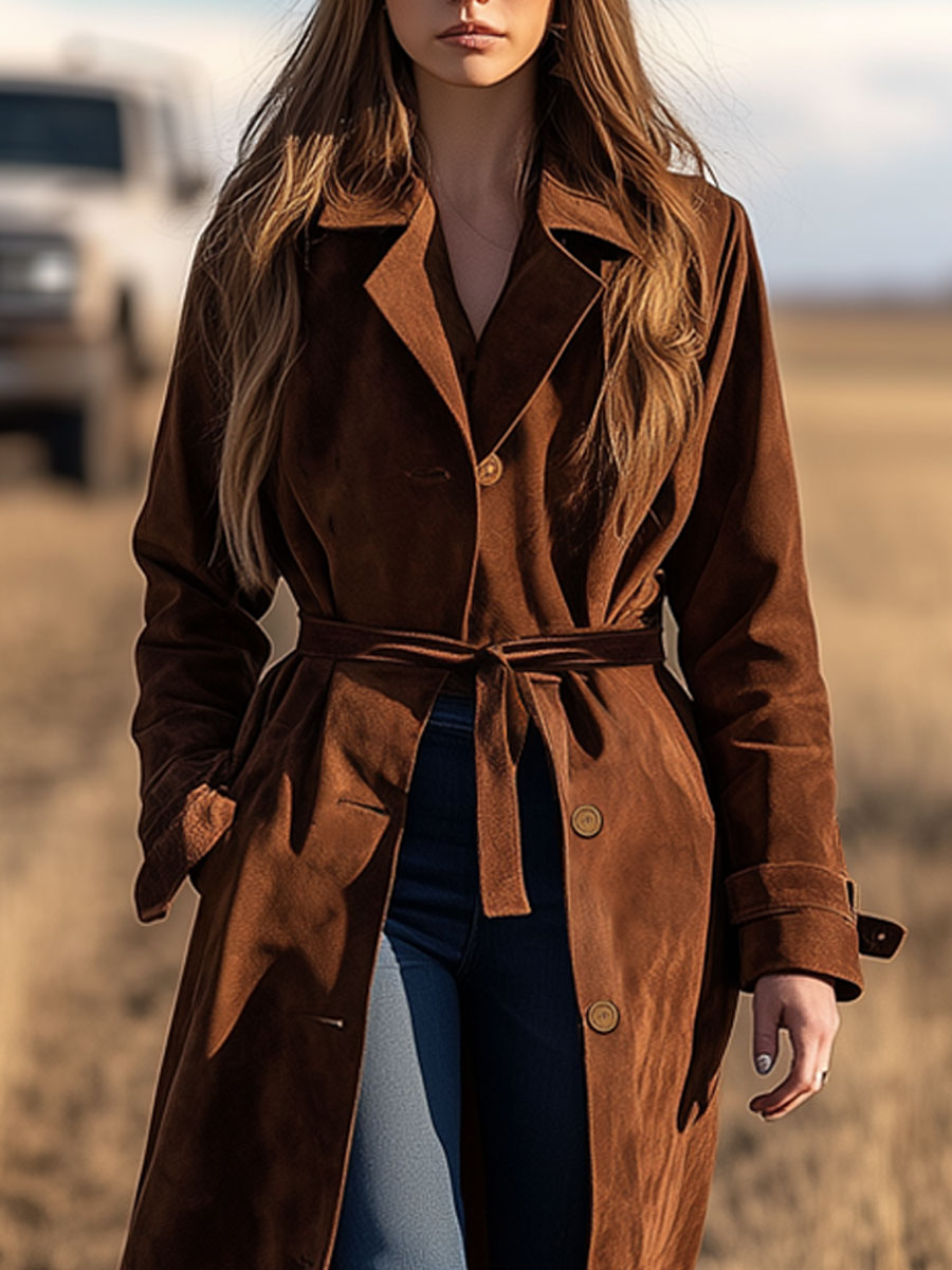 Western Vintage Caramel Suede Lace-Up Long Coat
