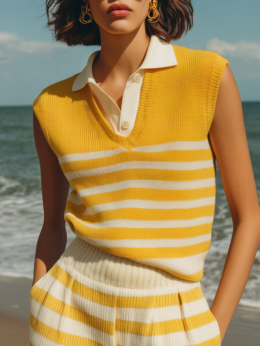 Summer Beach Yellow And White Striped Knit Sleeveless Top And Shorts Set