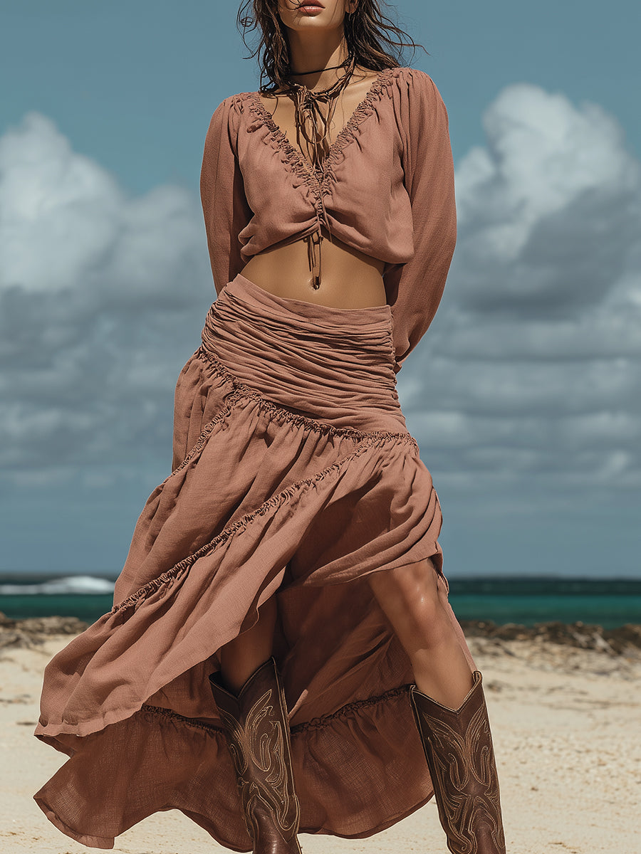 Fashionable Vacation-style Dusty Pink Cotton Linen V-neck Top And Pleated Long Skirt Se