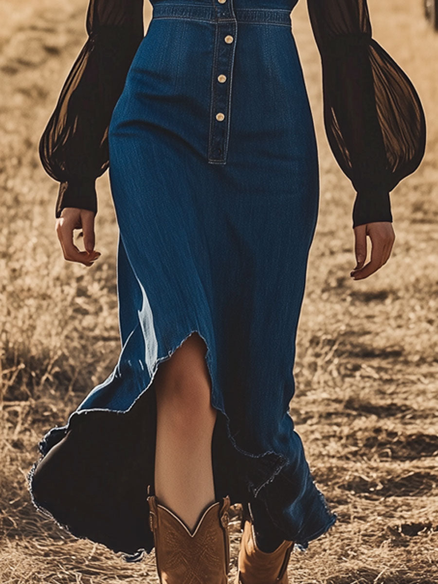 Vintage Dark Blue Denim Chiffon Long Sleeve Raw Edge Midi Dress