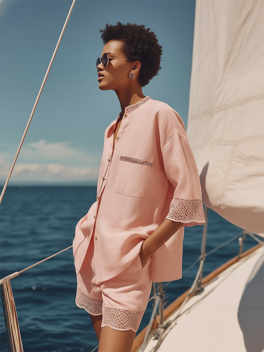 Casual Vacation Style Lace Trim Short-sleeved Cotton And Linen Shirt And Shorts Set